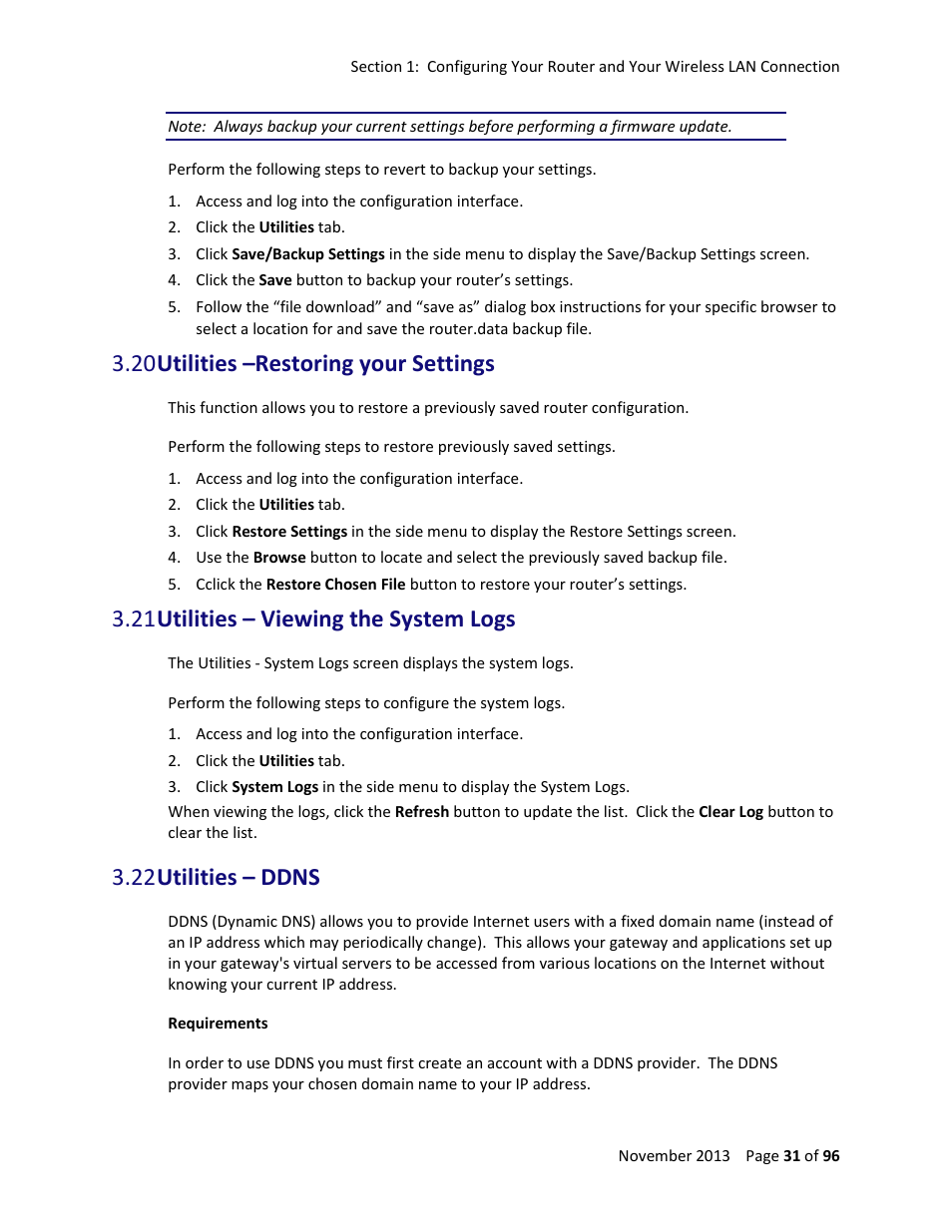 20 utilities –restoring your settings, 21 utilities – viewing the system logs, 22 utilities – ddns | ARRIS TG1672G-NA Web GUI User Guide User Manual | Page 31 / 96
