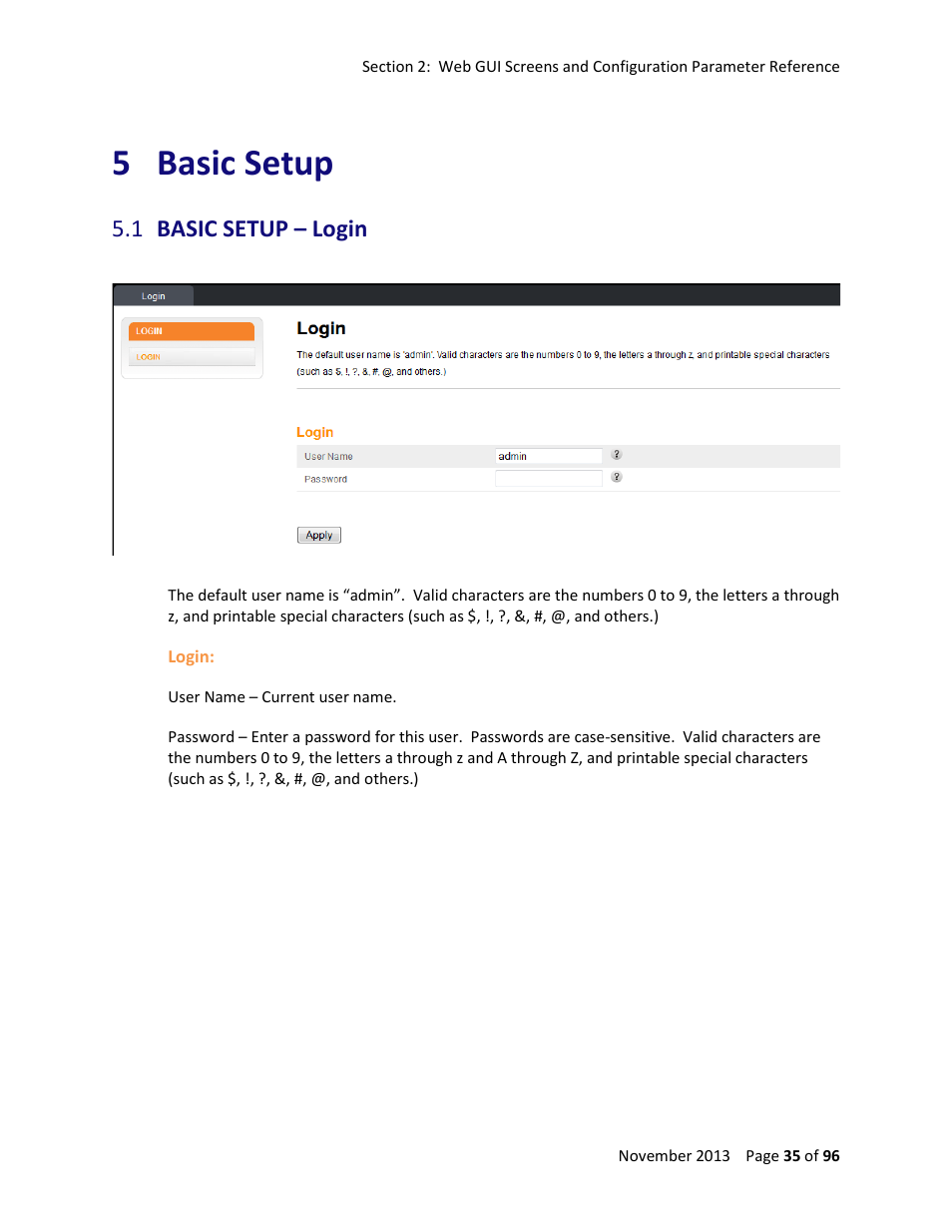 5 basic setup, 1 basic setup – login, Basic setup | Basic setup – login | ARRIS TG1672G-NA Web GUI User Guide User Manual | Page 35 / 96