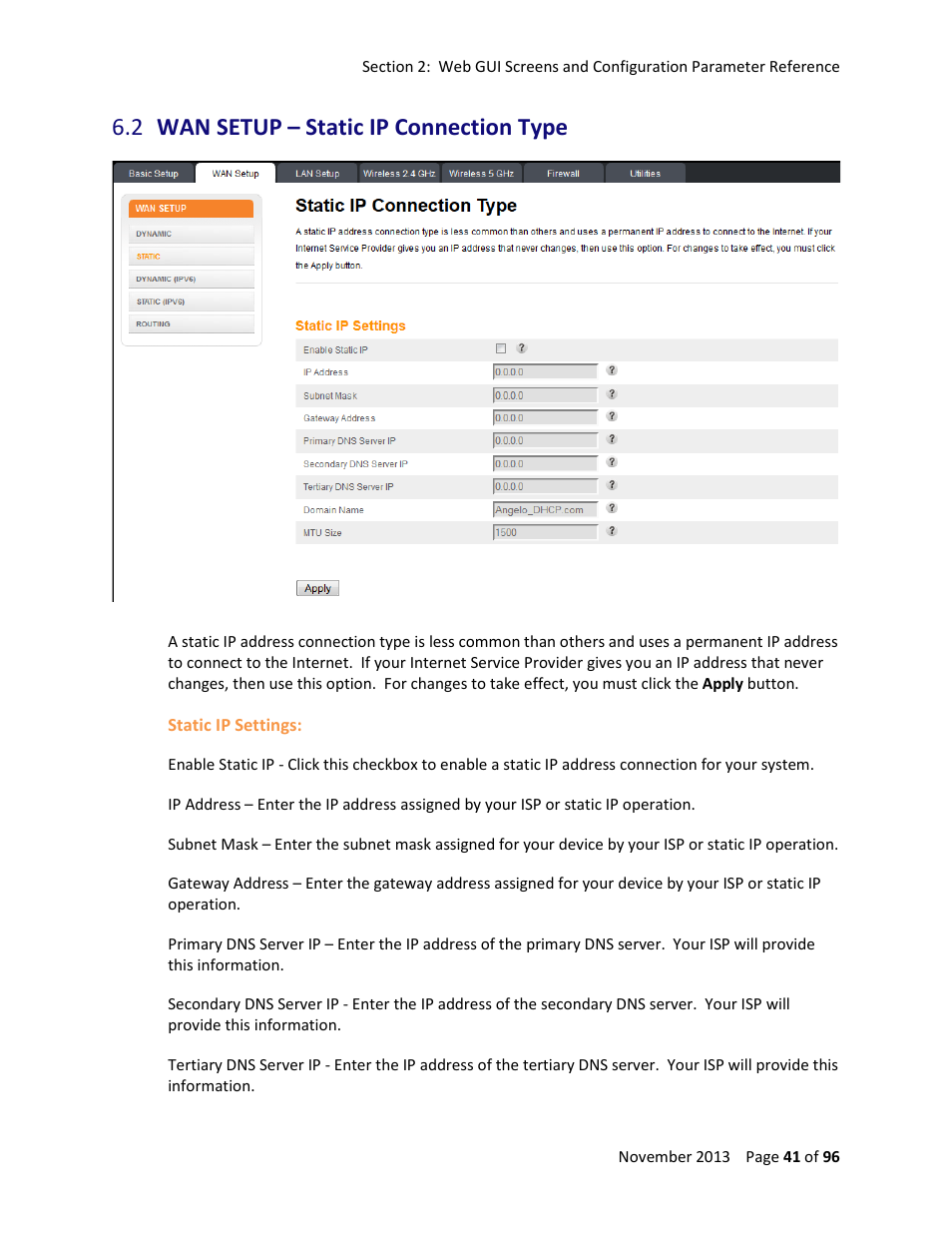 2 wan setup – static ip connection type, Wan setup – static ip connection type | ARRIS TG1672G-NA Web GUI User Guide User Manual | Page 41 / 96