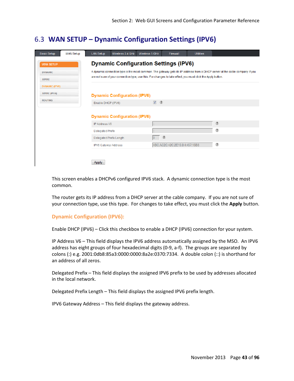 Wan setup – dynamic configuration settings (ipv6) | ARRIS TG1672G-NA Web GUI User Guide User Manual | Page 43 / 96