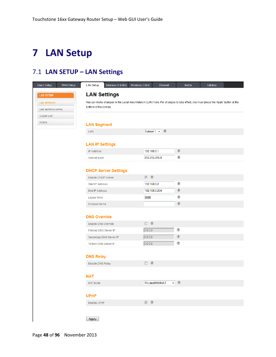 7 lan setup, 1 lan setup – lan settings, Lan setup | Lan setup – lan settings | ARRIS TG1672G-NA Web GUI User Guide User Manual | Page 48 / 96