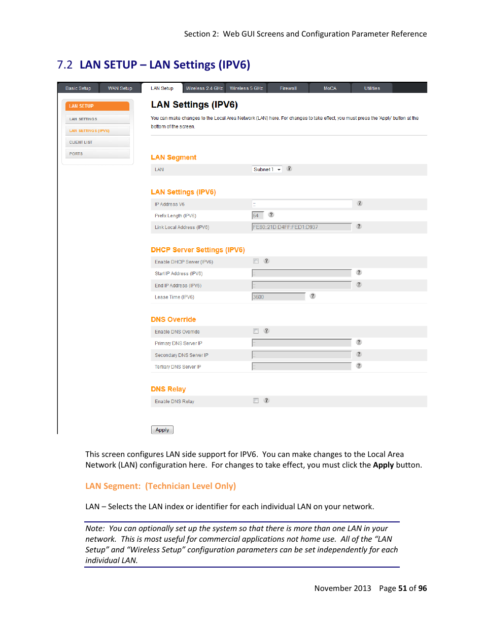 2 lan setup – lan settings (ipv6), Lan setup – lan settings (ipv6) | ARRIS TG1672G-NA Web GUI User Guide User Manual | Page 51 / 96