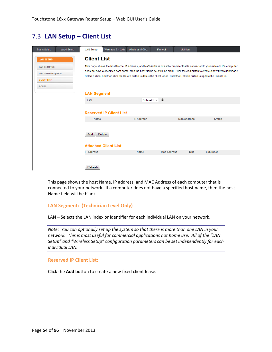 3 lan setup – client list, Lan setup – client list | ARRIS TG1672G-NA Web GUI User Guide User Manual | Page 54 / 96