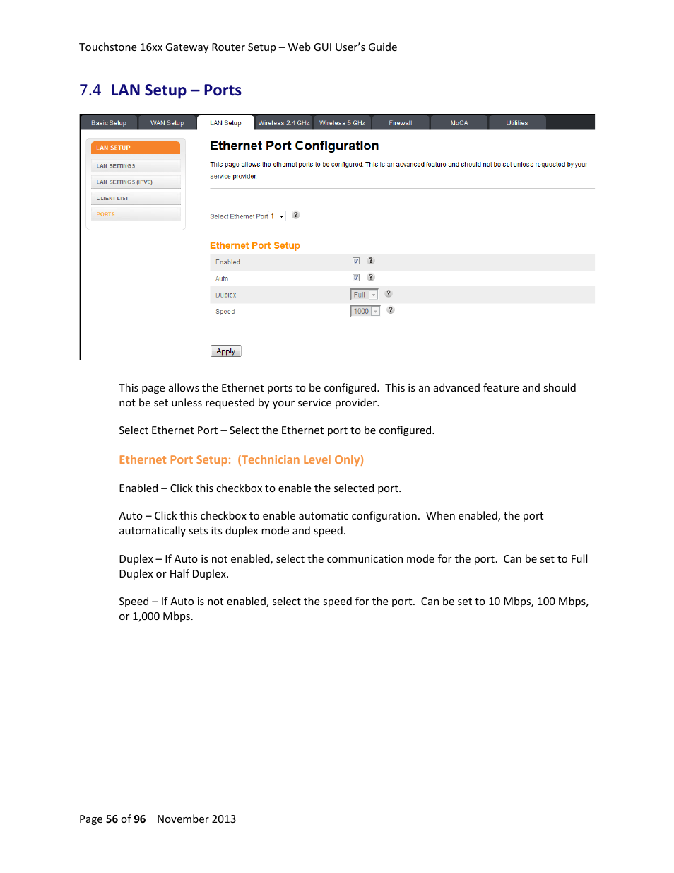 4 lan setup – ports, Lan setup – ports | ARRIS TG1672G-NA Web GUI User Guide User Manual | Page 56 / 96