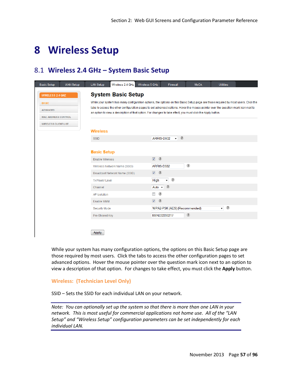8 wireless setup, 1 wireless 2.4 ghz – system basic setup, Wireless setup | Wireless 2.4 ghz – system basic setup | ARRIS TG1672G-NA Web GUI User Guide User Manual | Page 57 / 96