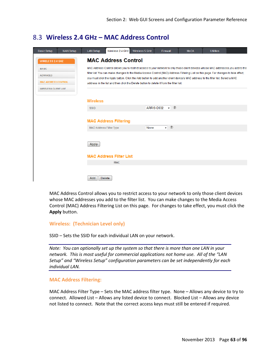 3 wireless 2.4 ghz – mac address control, Wireless 2.4 ghz – mac address control | ARRIS TG1672G-NA Web GUI User Guide User Manual | Page 63 / 96