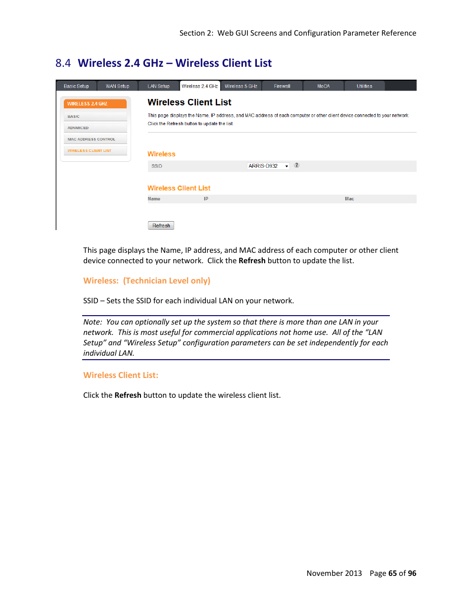 4 wireless 2.4 ghz – wireless client list, Wireless 2.4 ghz – wireless client list | ARRIS TG1672G-NA Web GUI User Guide User Manual | Page 65 / 96