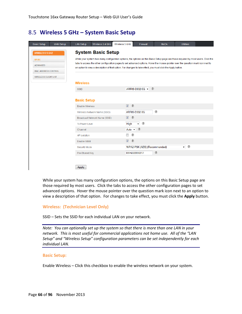 5 wireless 5 ghz – system basic setup, Wireless 5 ghz – system basic setup | ARRIS TG1672G-NA Web GUI User Guide User Manual | Page 66 / 96