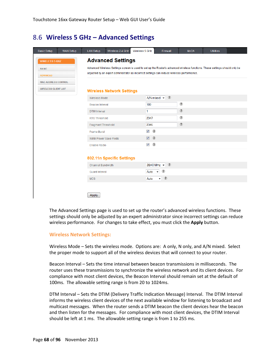 6 wireless 5 ghz – advanced settings, Wireless 5 ghz – advanced settings | ARRIS TG1672G-NA Web GUI User Guide User Manual | Page 68 / 96