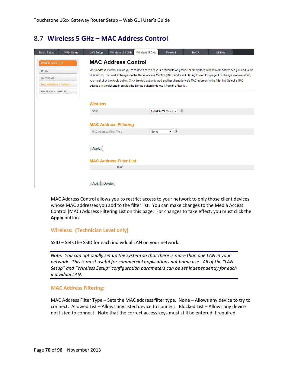 7 wireless 5 ghz – mac address control, Wireless 5 ghz – mac address control | ARRIS TG1672G-NA Web GUI User Guide User Manual | Page 70 / 96