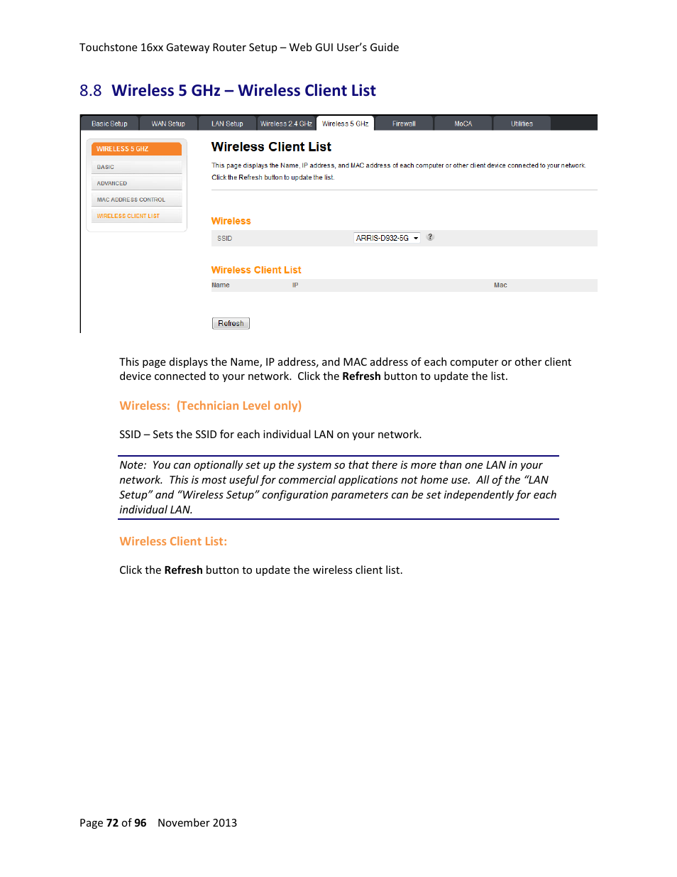 8 wireless 5 ghz – wireless client list, Wireless 5 ghz – wireless client list | ARRIS TG1672G-NA Web GUI User Guide User Manual | Page 72 / 96