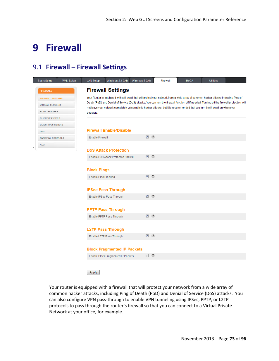 9 firewall, 1 firewall – firewall settings, Firewall 73 | Firewall – firewall settings | ARRIS TG1672G-NA Web GUI User Guide User Manual | Page 73 / 96