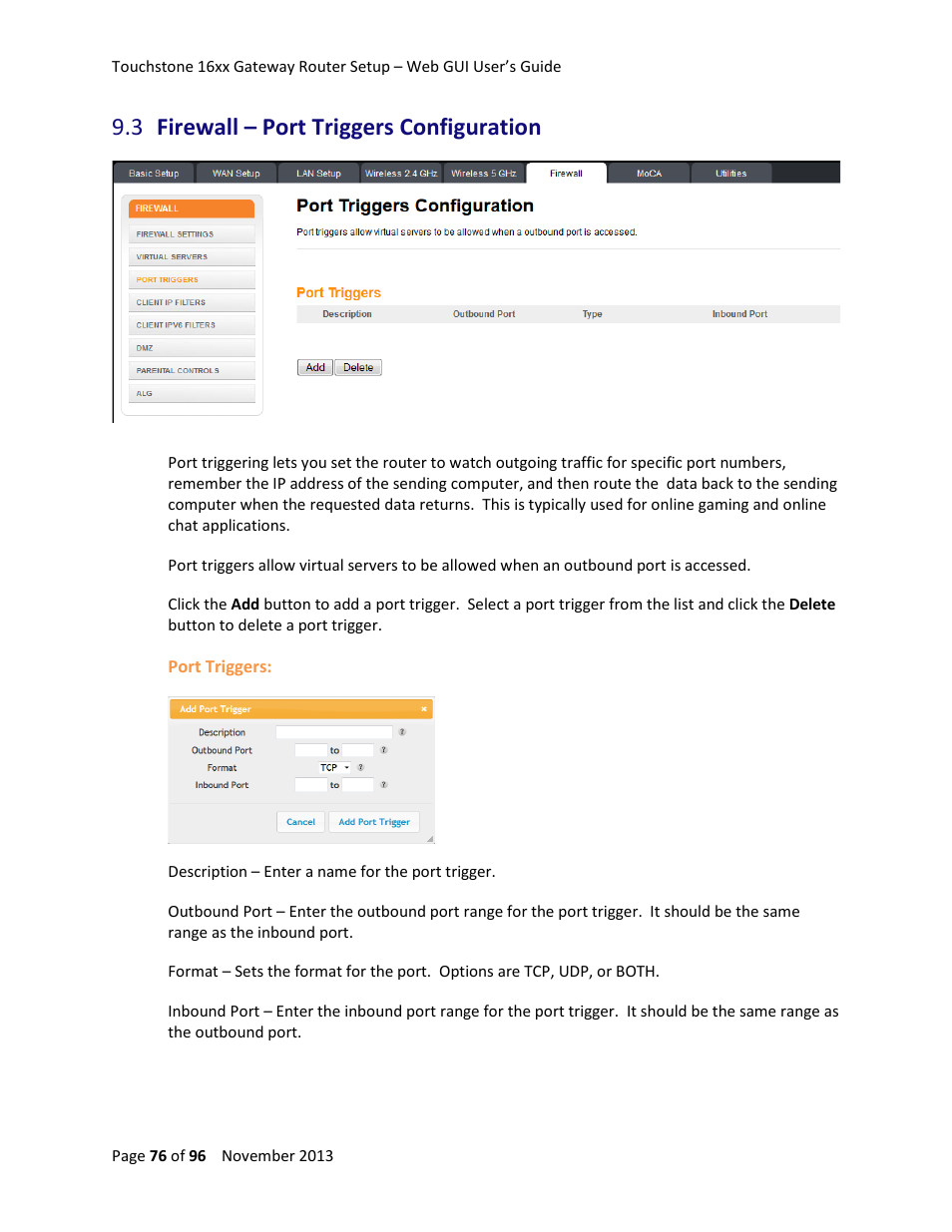 3 firewall – port triggers configuration, Firewall – port triggers configuration | ARRIS TG1672G-NA Web GUI User Guide User Manual | Page 76 / 96