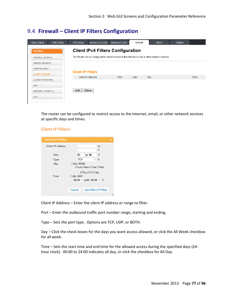 4 firewall – client ip filters configuration, Firewall – client ip filters configuration | ARRIS TG1672G-NA Web GUI User Guide User Manual | Page 77 / 96