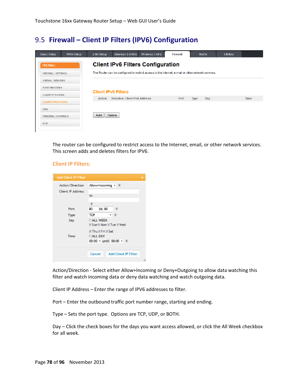 Firewall – client ip filters (ipv6) configuration | ARRIS TG1672G-NA Web GUI User Guide User Manual | Page 78 / 96