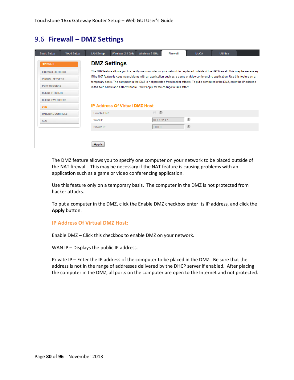 6 firewall – dmz settings, Firewall – dmz settings | ARRIS TG1672G-NA Web GUI User Guide User Manual | Page 80 / 96