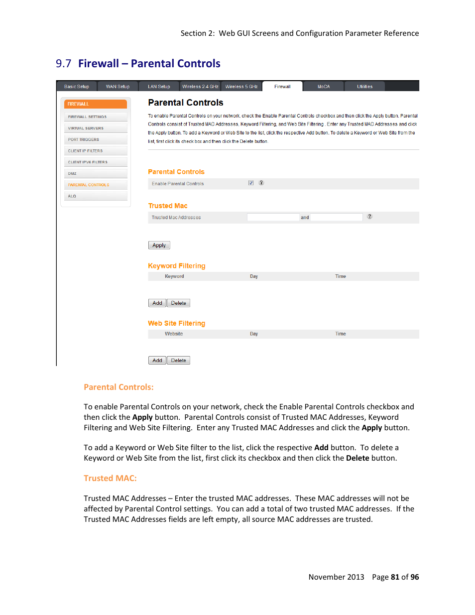 7 firewall – parental controls, Firewall – parental controls | ARRIS TG1672G-NA Web GUI User Guide User Manual | Page 81 / 96