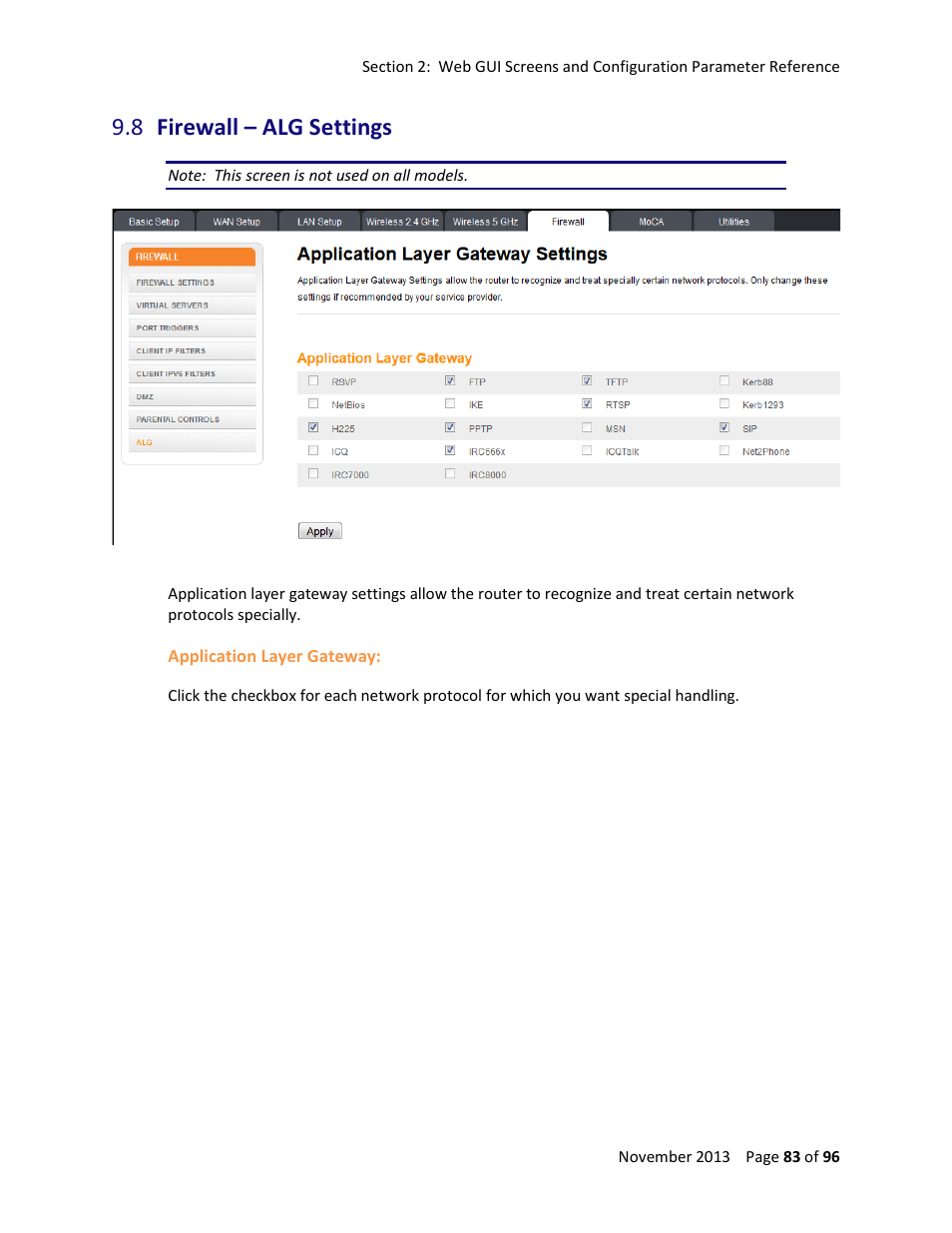 8 firewall – alg settings, Firewall – alg settings | ARRIS TG1672G-NA Web GUI User Guide User Manual | Page 83 / 96