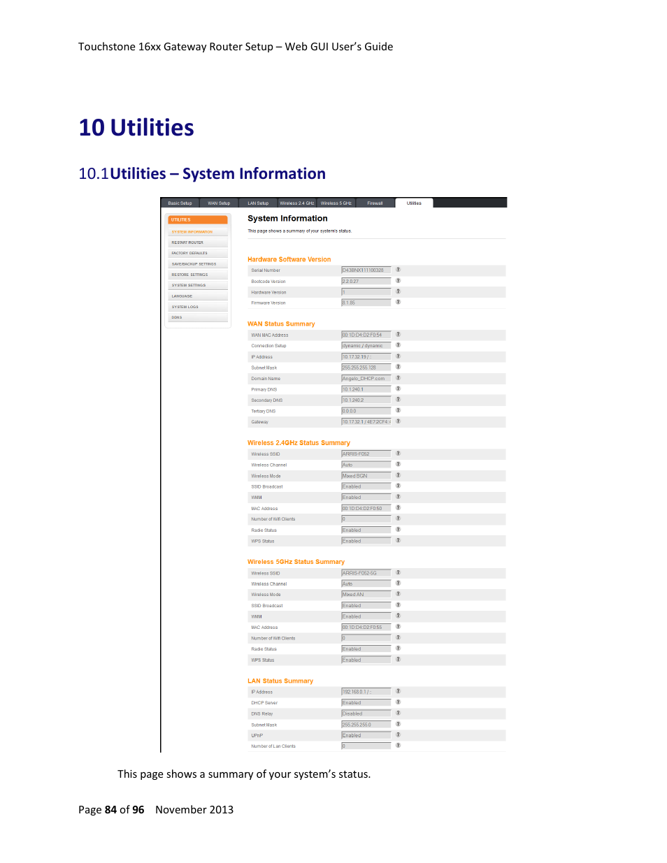 10 utilities, 1 utilities – system information, Utilities 84 | ARRIS TG1672G-NA Web GUI User Guide User Manual | Page 84 / 96