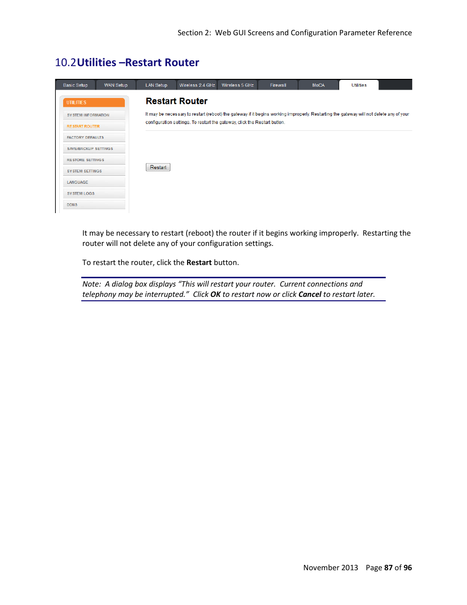 2 utilities –restart router | ARRIS TG1672G-NA Web GUI User Guide User Manual | Page 87 / 96