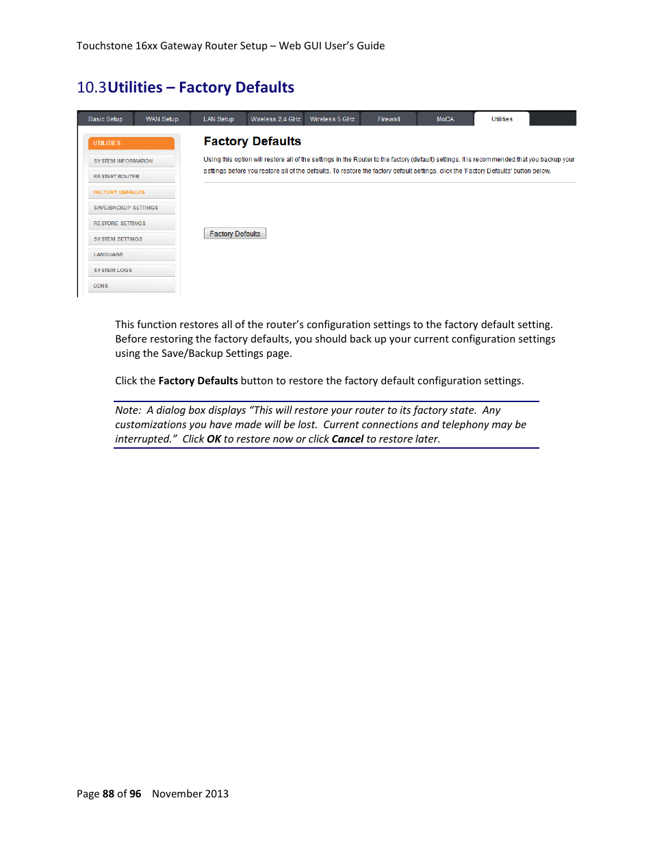 3 utilities – factory defaults | ARRIS TG1672G-NA Web GUI User Guide User Manual | Page 88 / 96