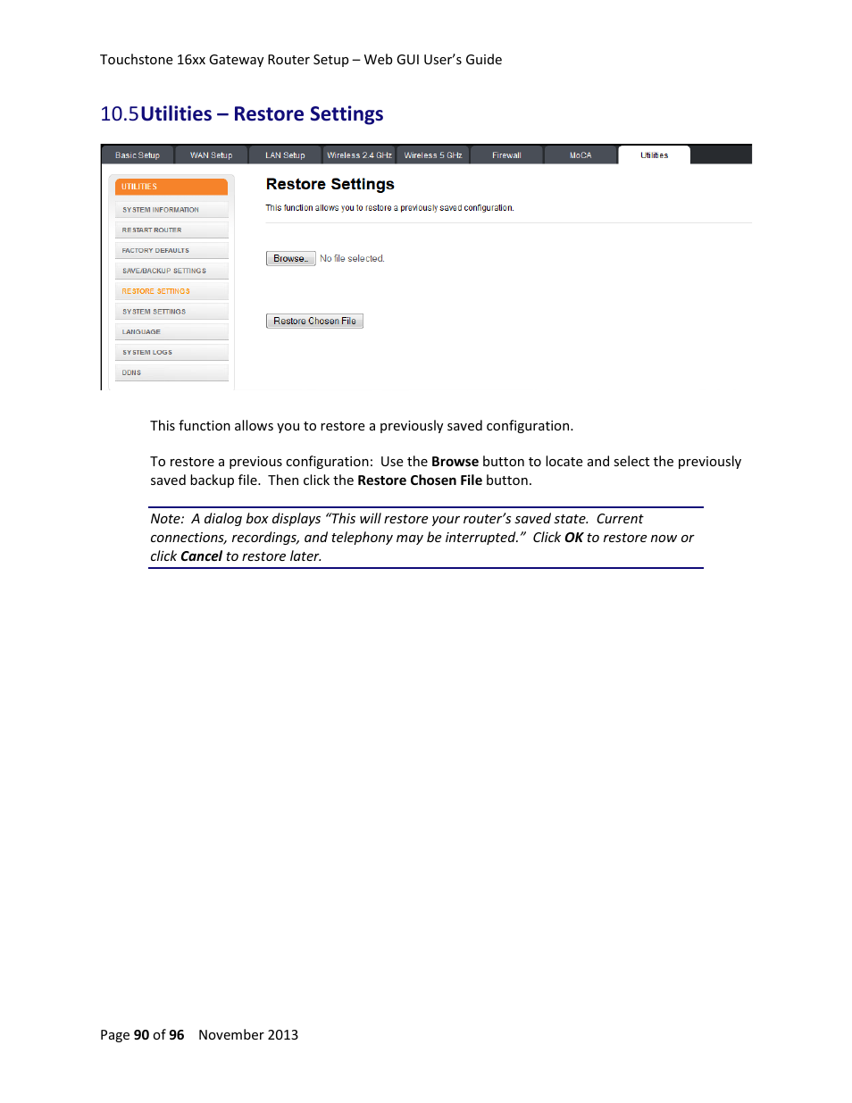 5 utilities – restore settings | ARRIS TG1672G-NA Web GUI User Guide User Manual | Page 90 / 96