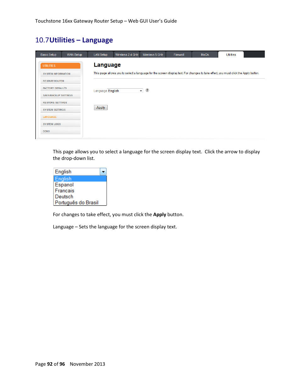 7 utilities – language | ARRIS TG1672G-NA Web GUI User Guide User Manual | Page 92 / 96