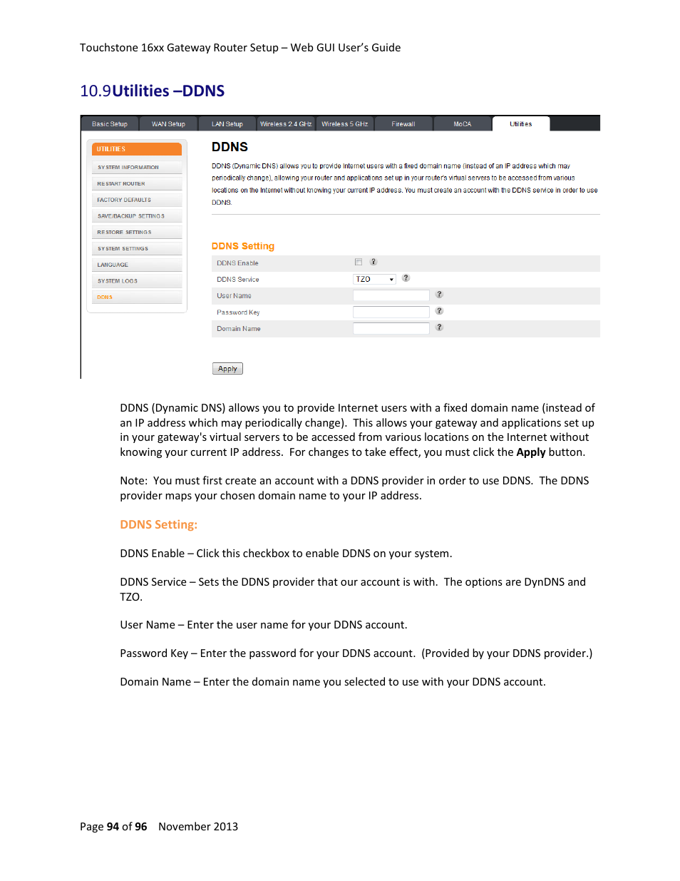 9 utilities –ddns | ARRIS TG1672G-NA Web GUI User Guide User Manual | Page 94 / 96