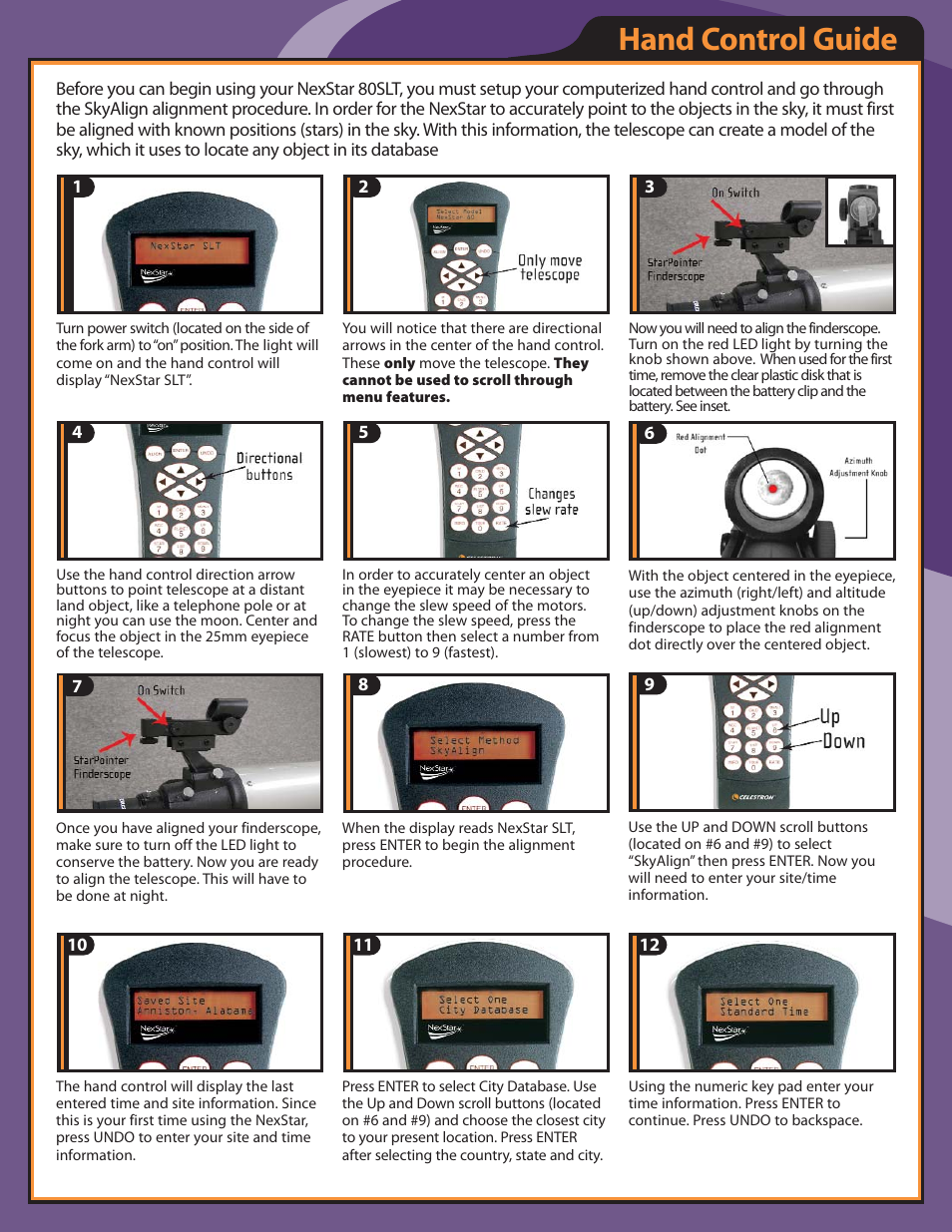 Hand control guide | Celestron 80SLT User Manual | Page 3 / 4