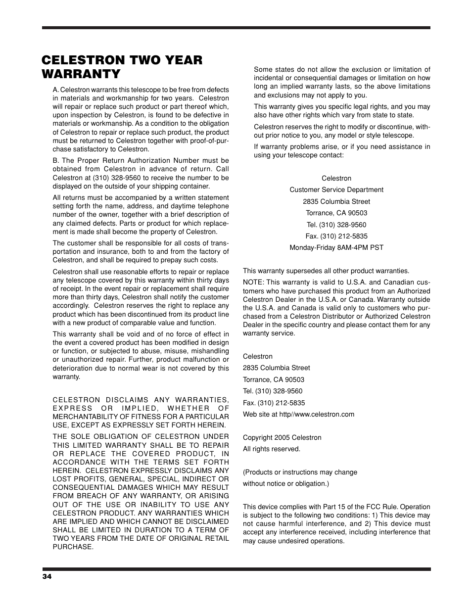 Celestron two year warranty | Celestron StarSeeker User Manual | Page 34 / 34