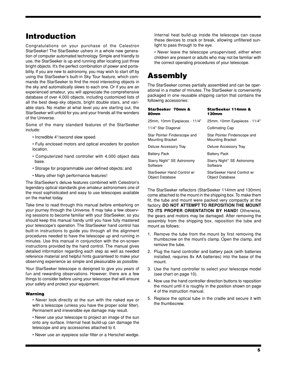 Introduction, Assembly | Celestron StarSeeker User Manual | Page 5 / 34