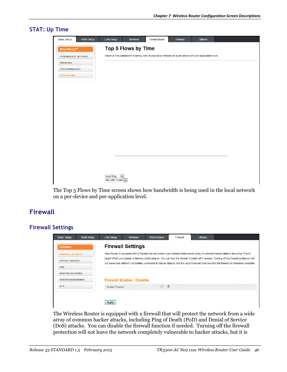 Stat: up time, Firewall, Firewall settings | ARRIS TR3300-AC Users Guide User Manual | Page 46 / 64