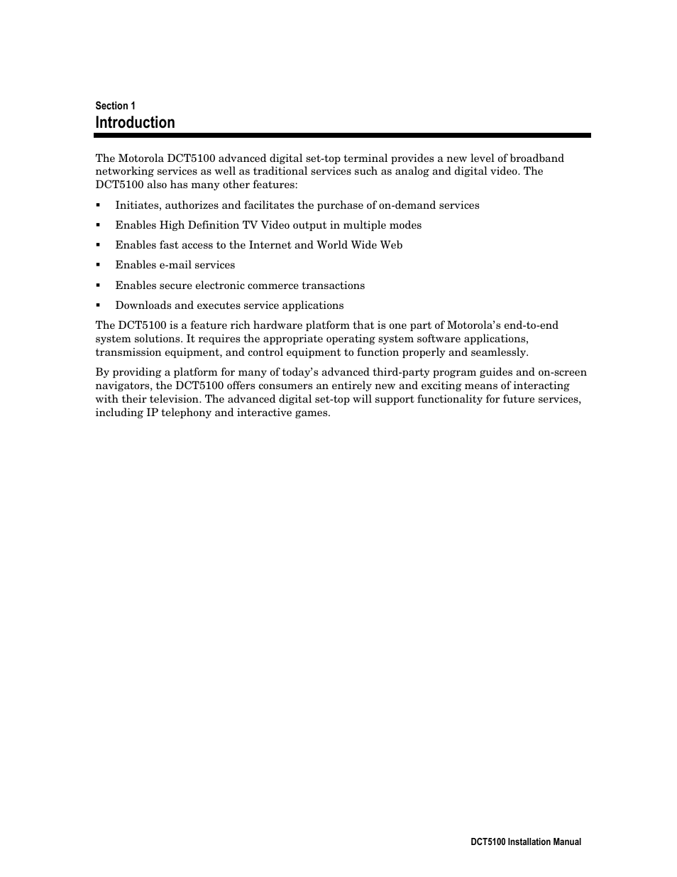 Section 1, introduction, Introduction | ARRIS DCT5100 Installation Manual User Manual | Page 12 / 81