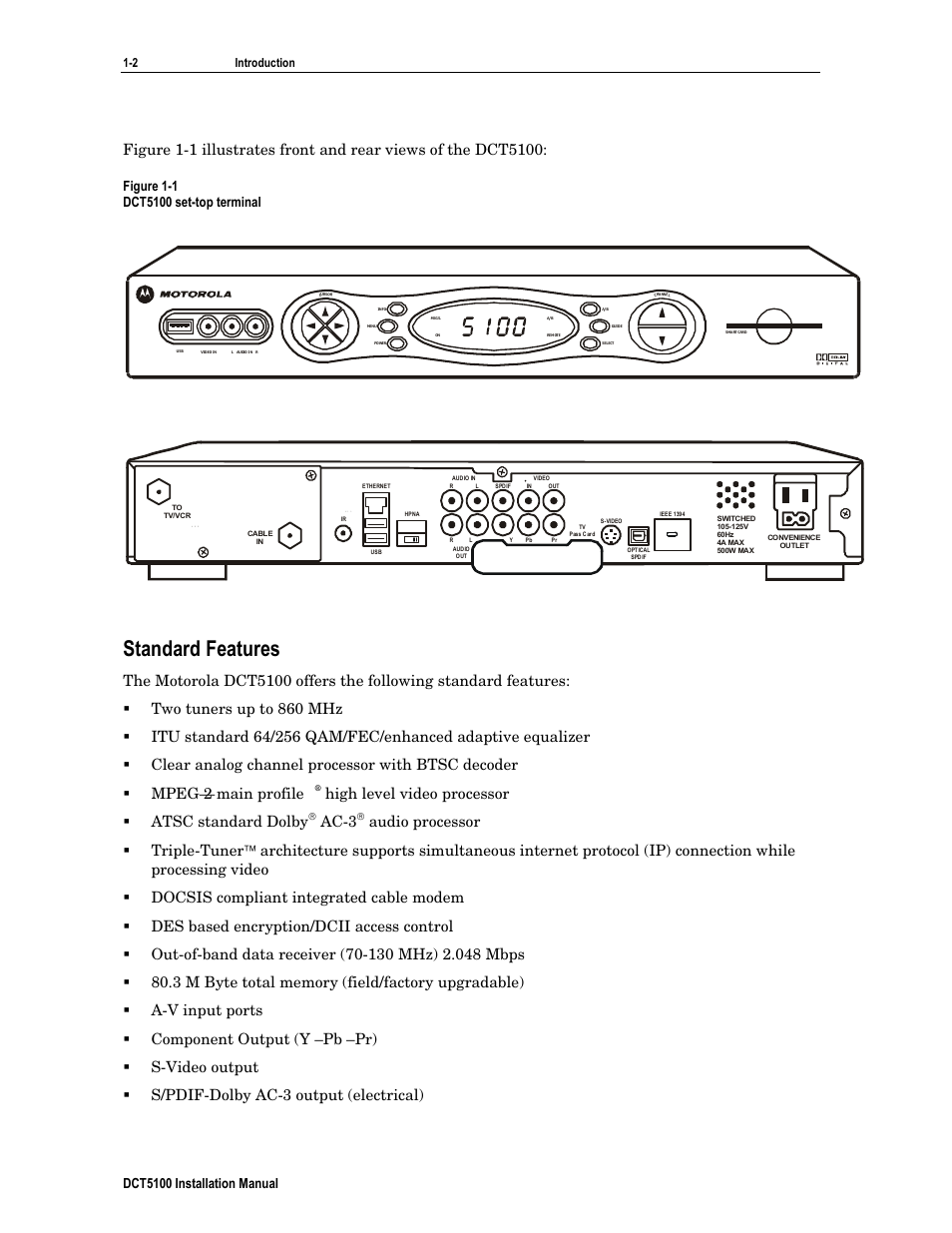 Standard features, High level video processor atsc standard dolby, Ac-3 | Dct5100 installation manual | ARRIS DCT5100 Installation Manual User Manual | Page 13 / 81