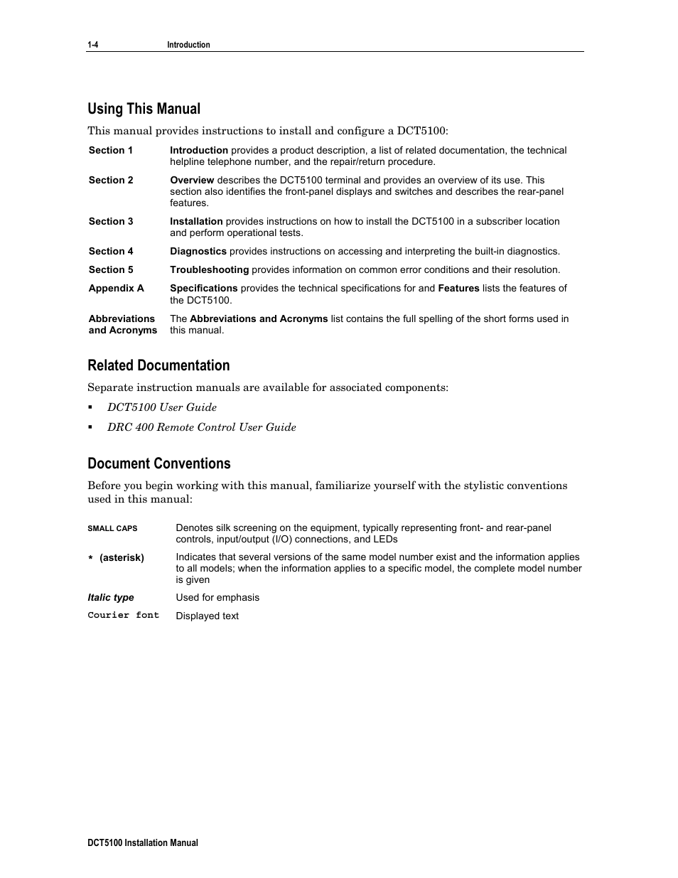 Using this manual, Related documentation, Document conventions | ARRIS DCT5100 Installation Manual User Manual | Page 15 / 81