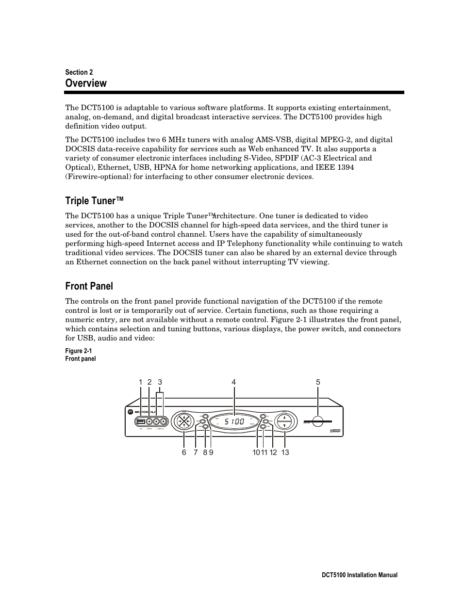 Section 2, overview, Triple tuner, Front panel | Overview, Dct5100 installation manual, Figure 2-1 front panel, Pmute | ARRIS DCT5100 Installation Manual User Manual | Page 17 / 81