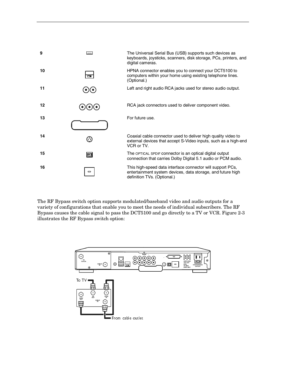 Rf bypass switch option, Key item function, Dct5100 installation manual | For future use. 14, Connector, Figure 2-3 rf bypass switch option, Cêçã=å~ääé=çìíäéí qç=qs, 4 overview | ARRIS DCT5100 Installation Manual User Manual | Page 20 / 81