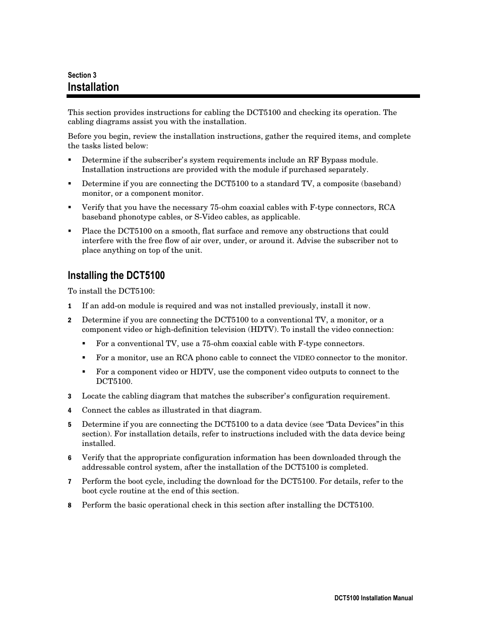 Section 3, installation, Installing the dct5100, Installation | ARRIS DCT5100 Installation Manual User Manual | Page 24 / 81