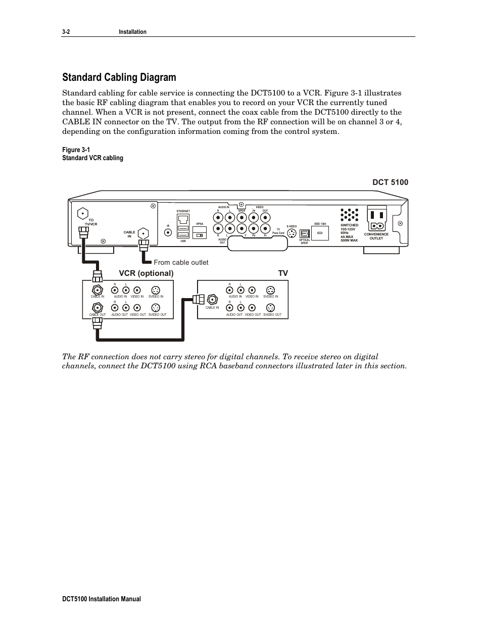 Standard cabling diagram, Dct 5100, Vcr (optional) | Dct5100 installation manual, Figure 3-1 standard vcr cabling, 2 installation | ARRIS DCT5100 Installation Manual User Manual | Page 25 / 81