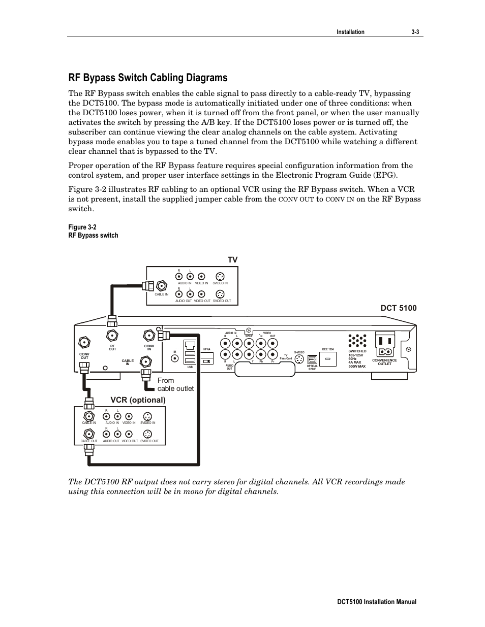 Rf bypass switch cabling diagrams, On the rf bypass switch, Dct 5100 | Tv vcr (optional), Dct5100 installation manual, Figure 3-2 rf bypass switch, Installation 3-3, Conv out, Conv in | ARRIS DCT5100 Installation Manual User Manual | Page 26 / 81