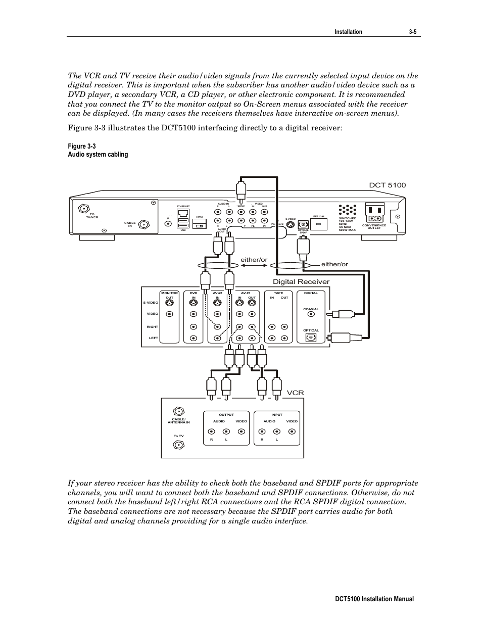 Dct5100 installation manual, Figure 3-3 audio system cabling, Installation 3-5 | Dct 5100 vcr digital receiver, Either/or | ARRIS DCT5100 Installation Manual User Manual | Page 28 / 81