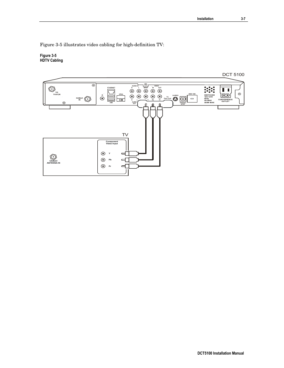 Dct5100 installation manual, Figure 3-5 hdtv cabling, Dct 5100 tv | Installation 3-7 | ARRIS DCT5100 Installation Manual User Manual | Page 30 / 81