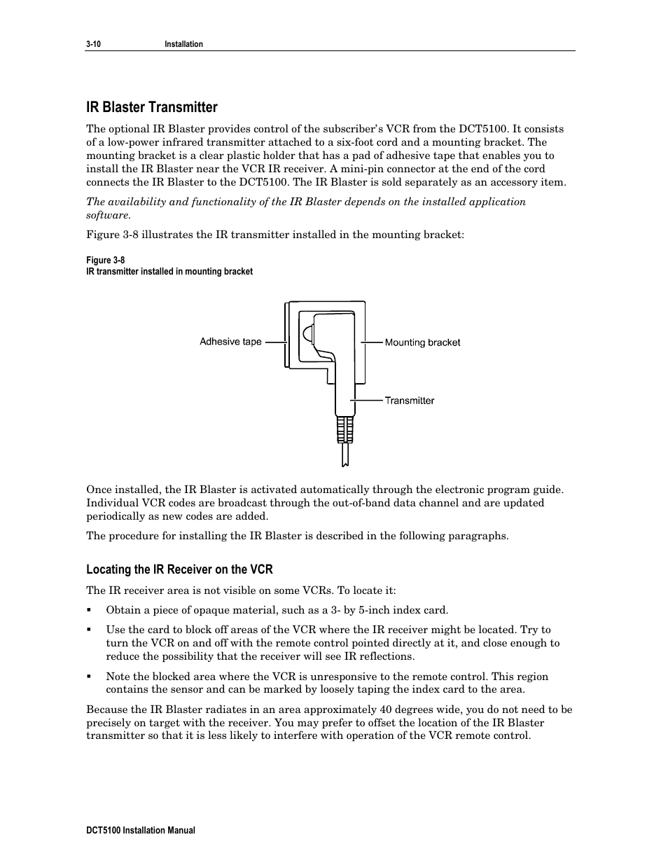 Ir blaster transmitter, Locating the ir receiver on the vcr | ARRIS DCT5100 Installation Manual User Manual | Page 33 / 81