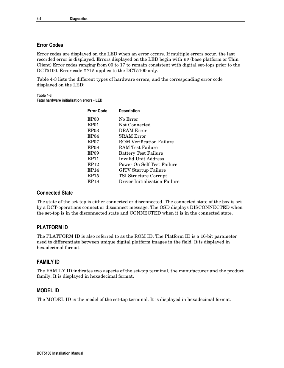 Error codes, Connected state, Platform id | Family id, Model id | ARRIS DCT5100 Installation Manual User Manual | Page 44 / 81