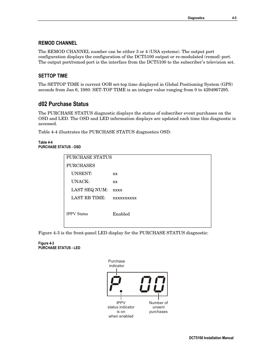 Remod channel, Settop time, D02 purchase status | ARRIS DCT5100 Installation Manual User Manual | Page 45 / 81