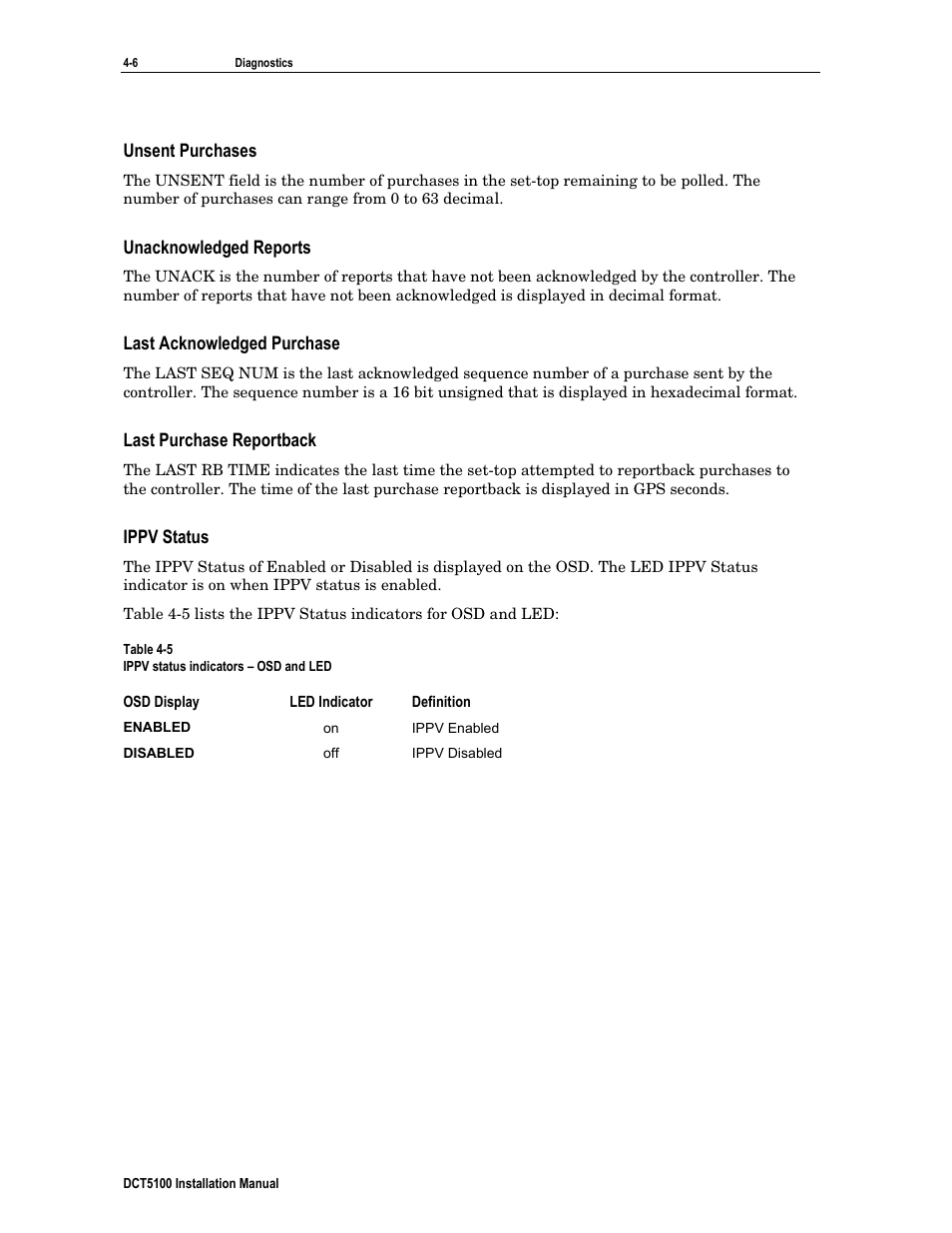 Unsent purchases, Unacknowledged reports, Last acknowledged purchase | Last purchase reportback, Ippv status | ARRIS DCT5100 Installation Manual User Manual | Page 46 / 81