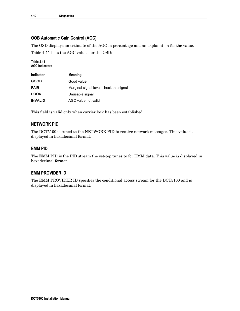 Oob automatic gain control (agc), Network pid, Emm pid | Emm provider id | ARRIS DCT5100 Installation Manual User Manual | Page 50 / 81