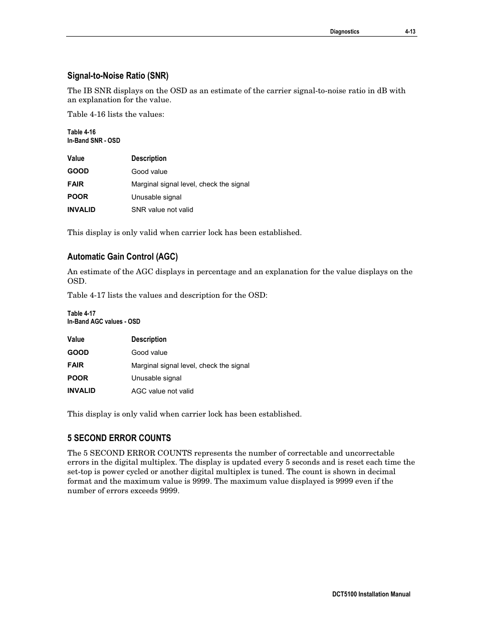 Signal-to-noise ratio (snr), Automatic gain control (agc), 5 second error counts | ARRIS DCT5100 Installation Manual User Manual | Page 53 / 81