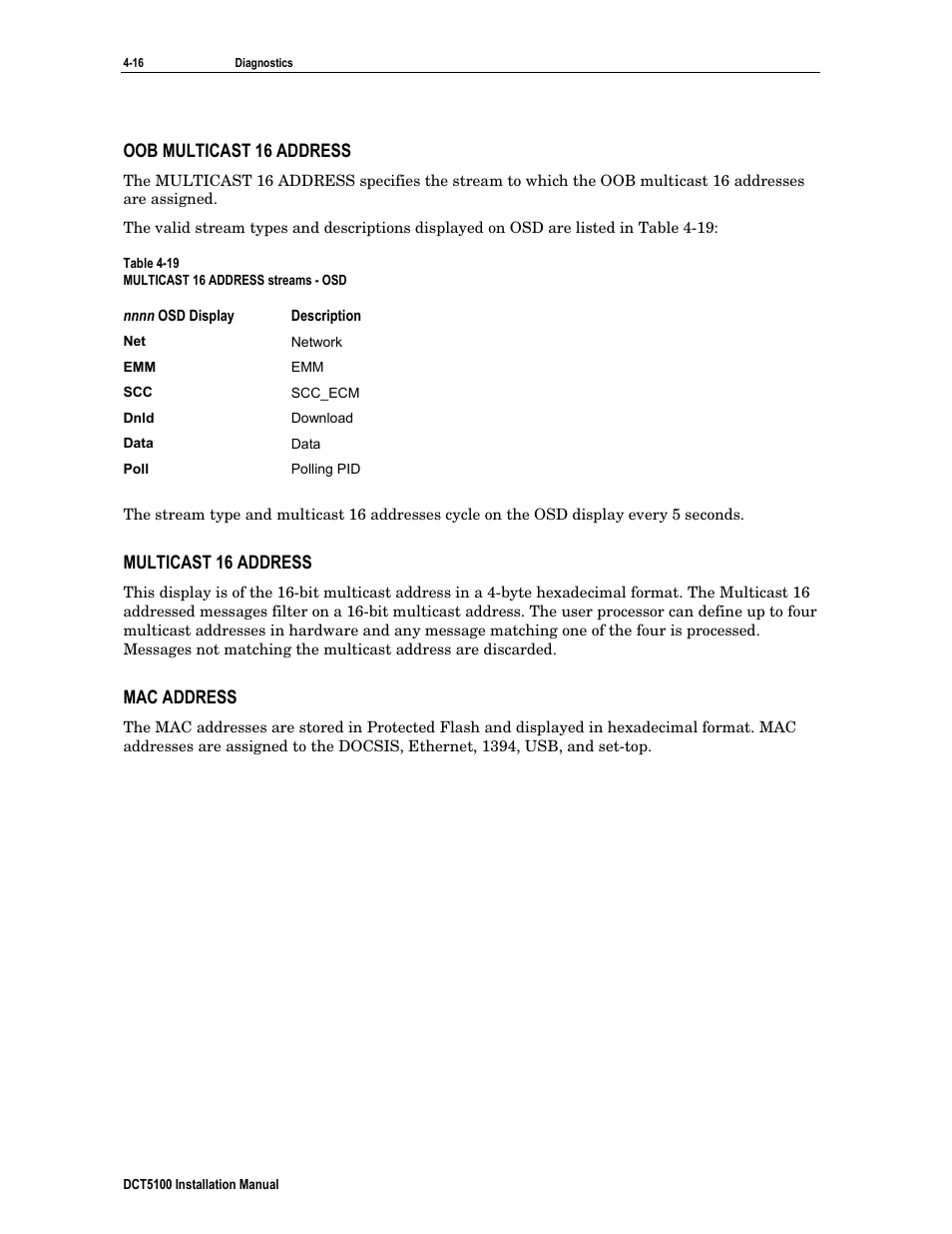 Oob multicast 16 address, Multicast 16 address, Mac address | ARRIS DCT5100 Installation Manual User Manual | Page 56 / 81