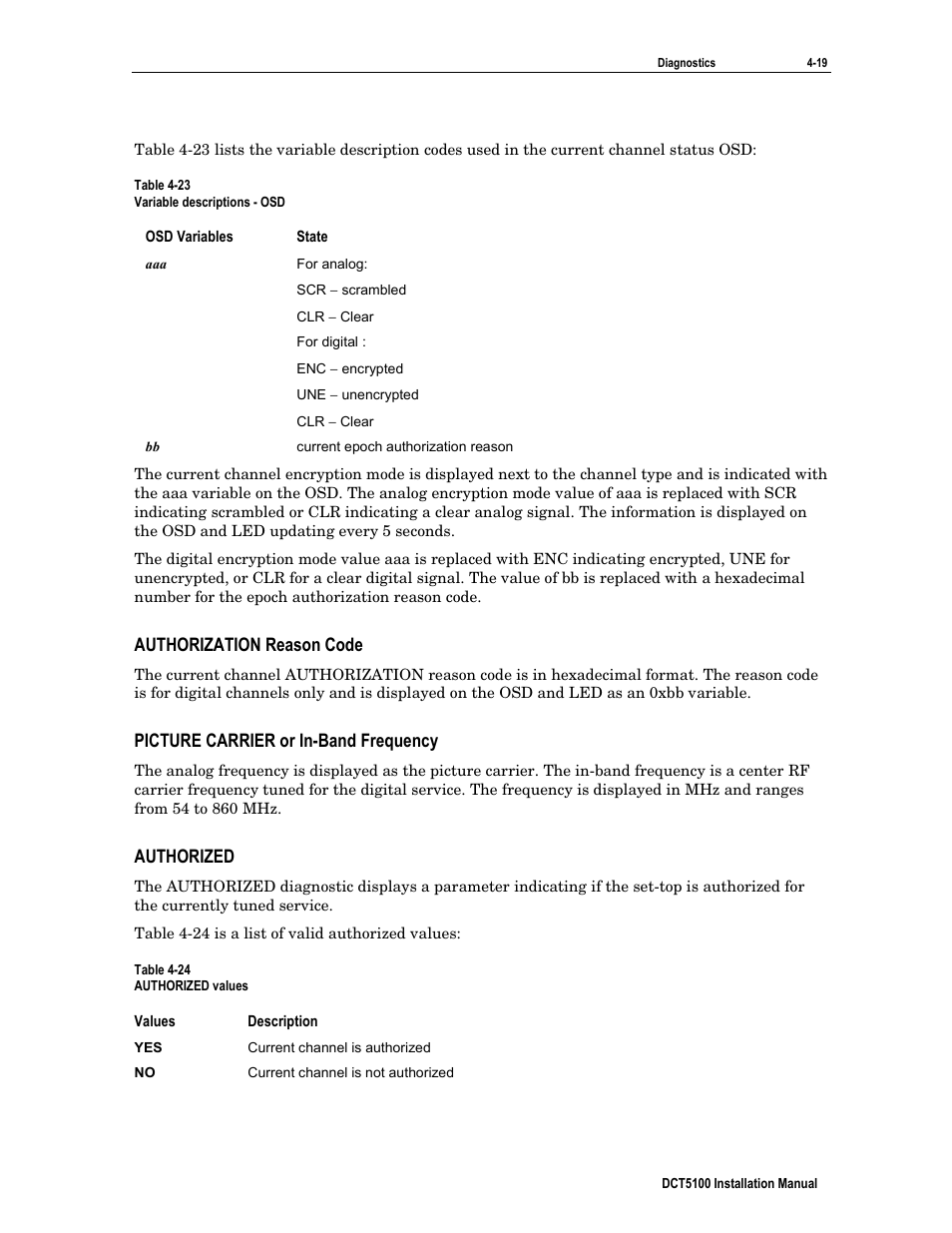 Authorization reason code, Picture carrier or in-band frequency, Authorized | ARRIS DCT5100 Installation Manual User Manual | Page 59 / 81